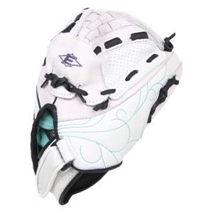 Side view of a white youth softball glove with black lacing and teal swirl embroidery.