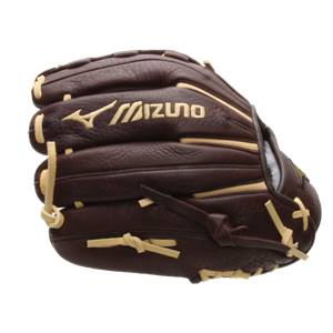 Side view of a brown baseball glove with tan lacing and a Mizuno logo.