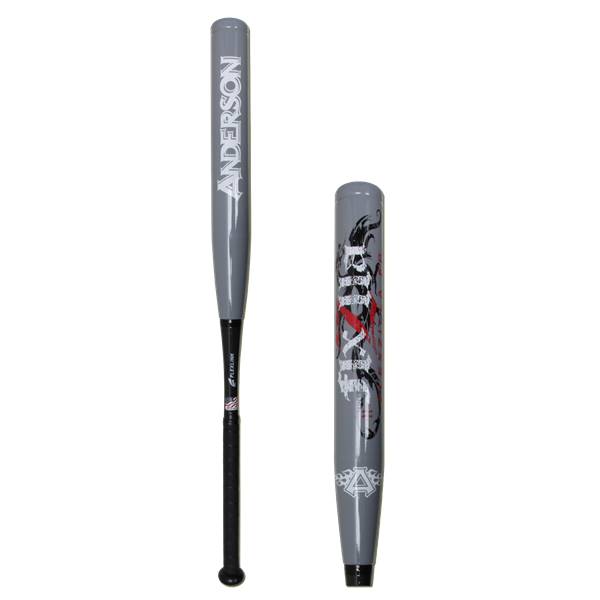 Side view of a gray softball bat with ANDERSON text and a black grip.