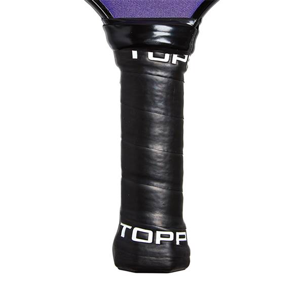 Close-up of a black pickleball paddle grip with white TOPP text and a purple top edge.
