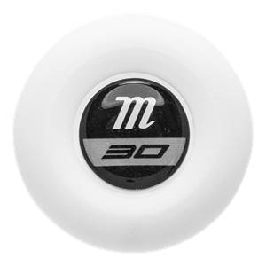 End cap view of a white baseball bat with a black circular logo featuring an m and 30.