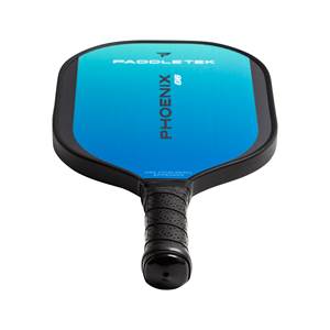 Top-down view of a blue pickleball paddle with PADDLETEK and PHOENIX G6 text and a black grip.