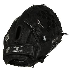 Front view of a black baseball glove with Mizuno branding and MAX FLEX text.