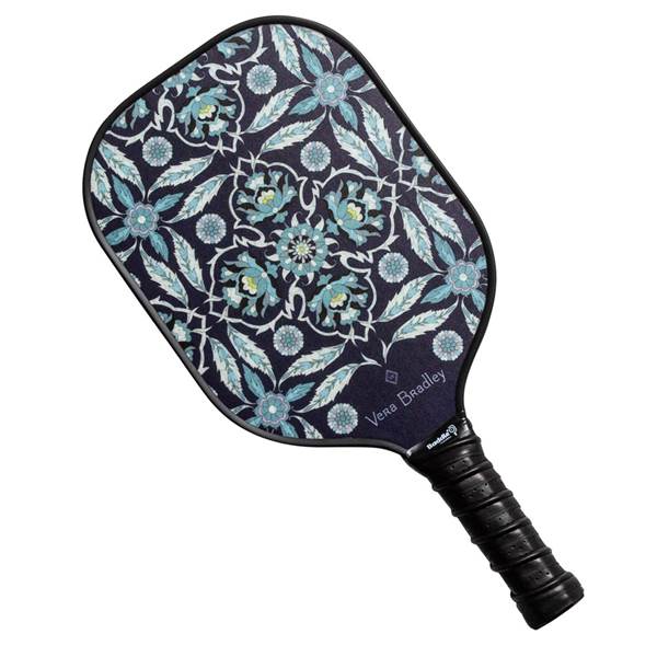 Top-down view of a dark blue pickleball paddle with a floral pattern and Vera Bradley text.