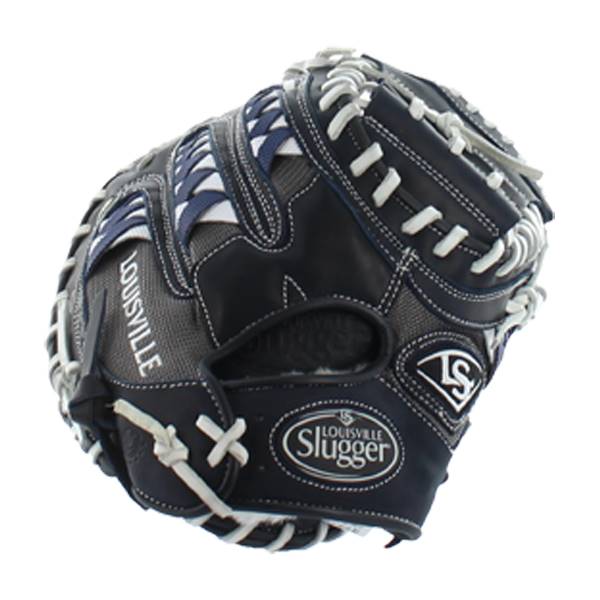 Front view of a navy and gray baseball glove with white stitching and Louisville Slugger branding.