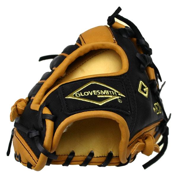Side view of a black and tan baseball glove with a GLOVESMITH logo and gold stitching.