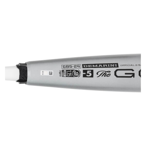 Close-up of a silver baseball bat with DEMARINI, -5, and The Goods branding.