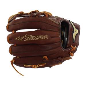Side view of a brown Mizuno baseball glove with white stitching and gold logo.
