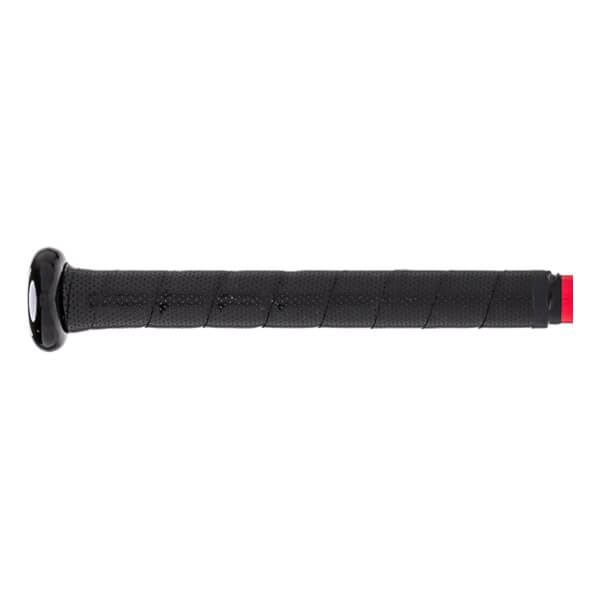 Side view of a black tee ball bat with a perforated grip and red end cap.