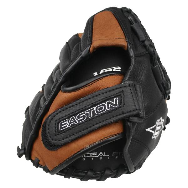 Top-down view of a black and brown baseball glove with EASTON branding and a white logo.