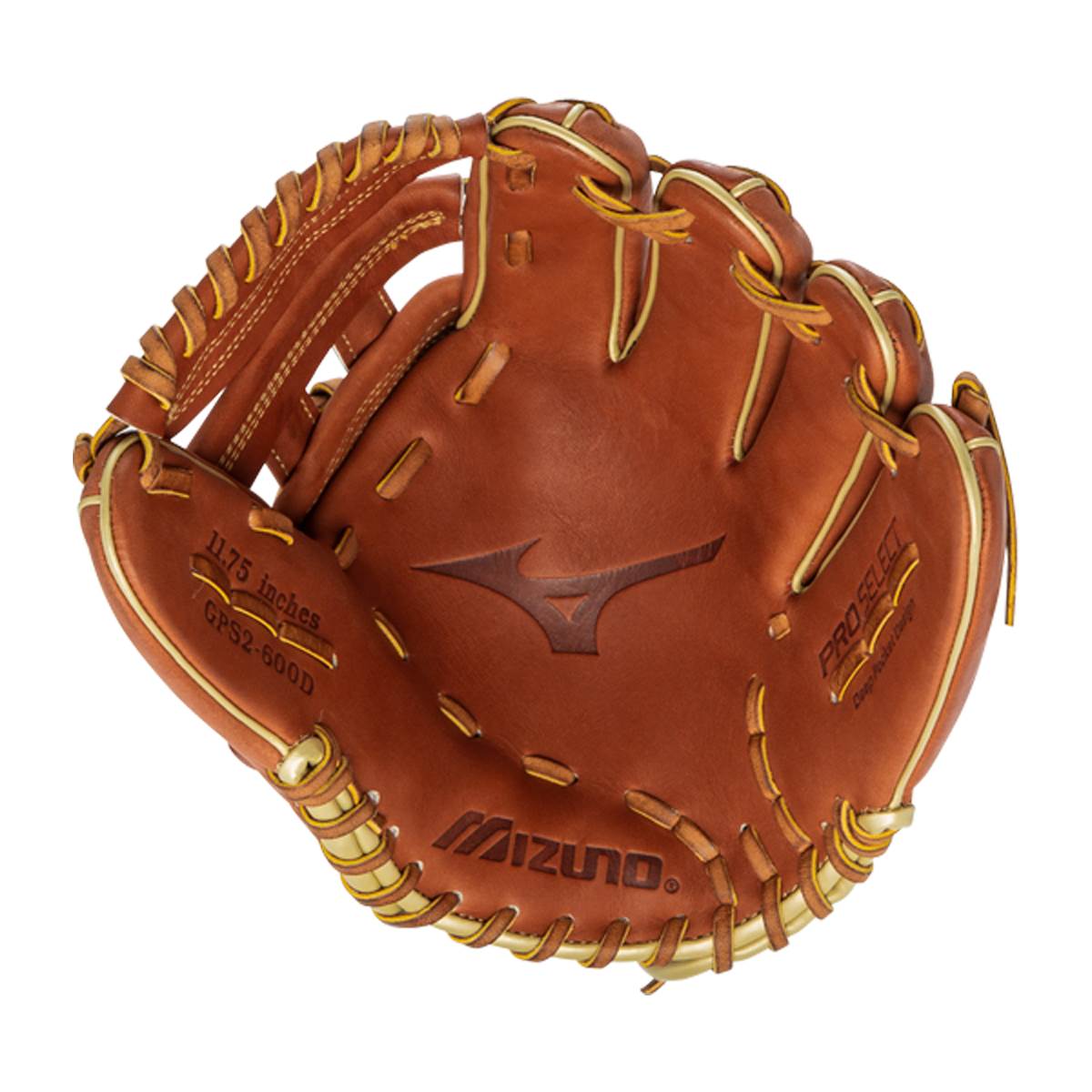 Front view of a brown baseball glove with Mizuno logo, PRO SELECT, and 11.75 inches GPS2-600D text.