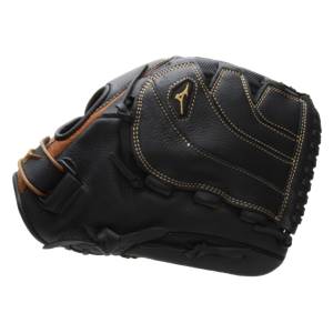 Side view of a black baseball glove with tan lacing and gold Mizuno logo.