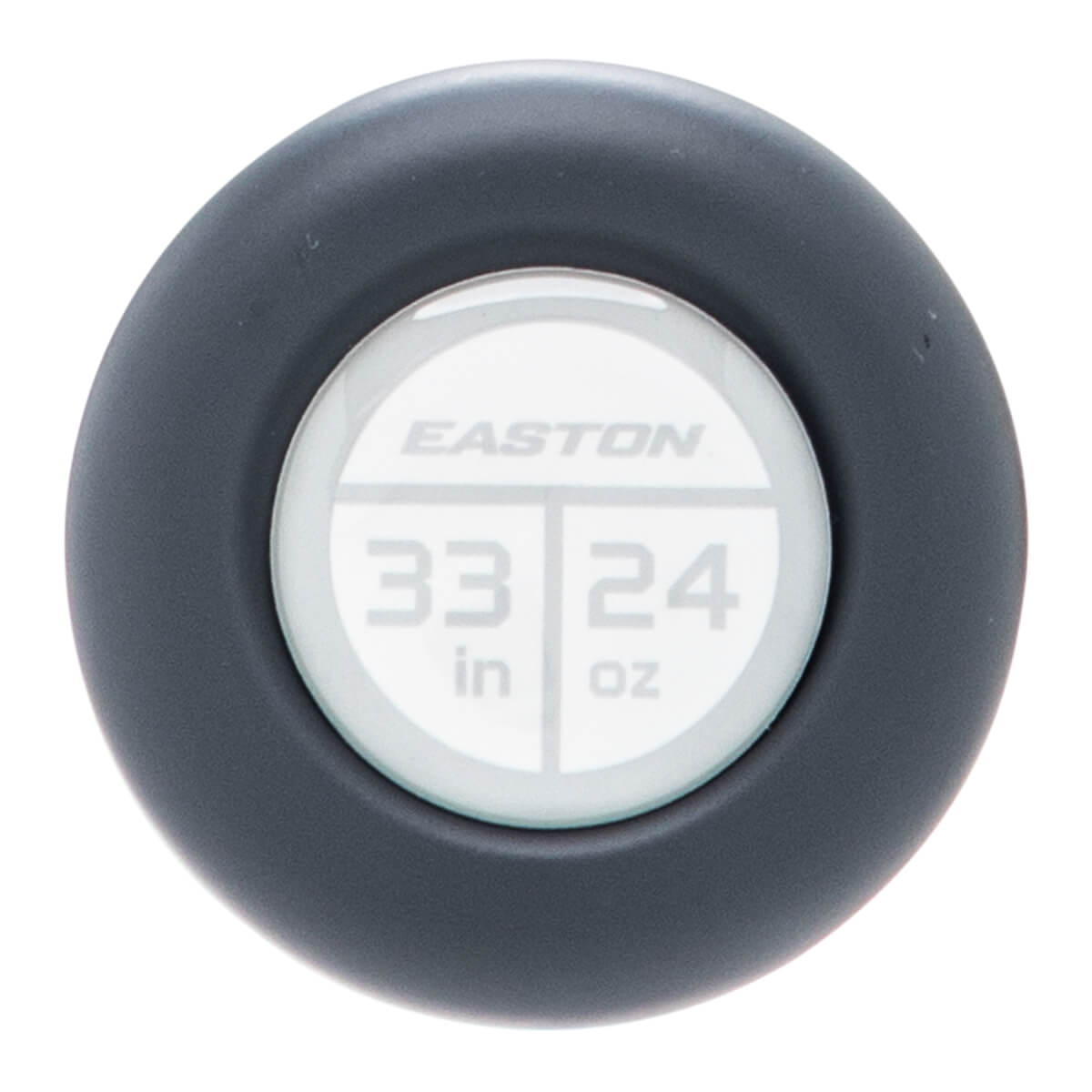 Top-down close-up of a dark gray softball bat end cap with a white insert showing Easton, 33 in, and 24 oz.