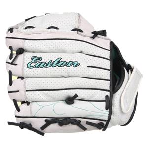 Front view of a white youth softball glove with black lacing and teal Easton branding.