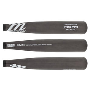 Top-down view of a gray Marucci baseball bat with POSEY28 PRO METAL and 32/24 markings.