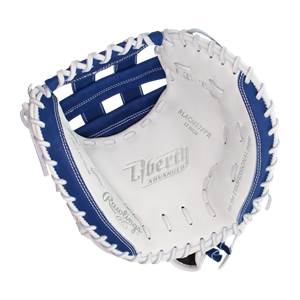 Interior view of a white and blue catchers mitt with Liberty Advanced and Rawlings branding.