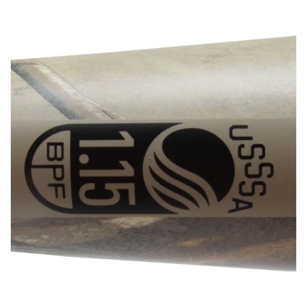 Close-up of a camo baseball bat with BPF 1.15 and USSSA logos.
