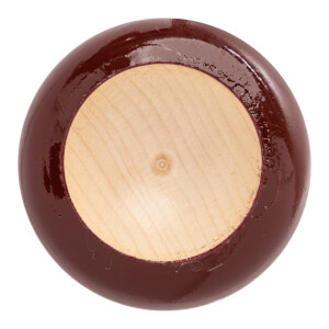 Top-down view of a dark red baseball bat end with a light wood center.