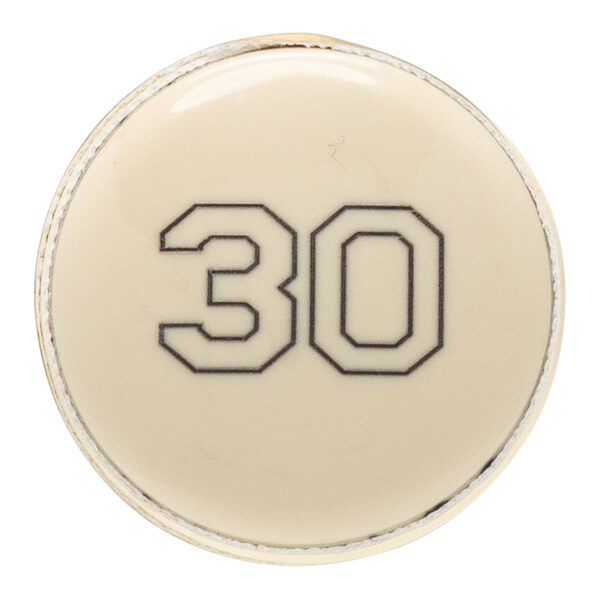 Top-down view of a cream baseball bat end cap with a black outlined 30 and a defined edge.
