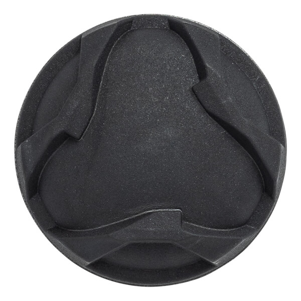 Top-down view of a black baseball bat end cap with a textured, three-pronged design.