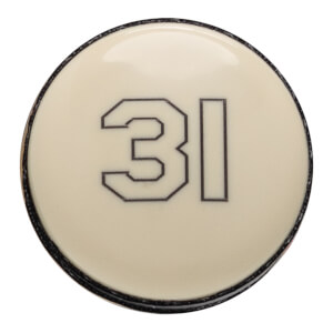 Top-down close-up of an off-white baseball bat end cap with a black outlined 31 and a black rim.