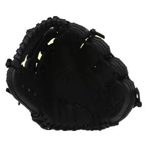 Top-down view of a black baseball glove with a deep pocket and laced finger stalls.