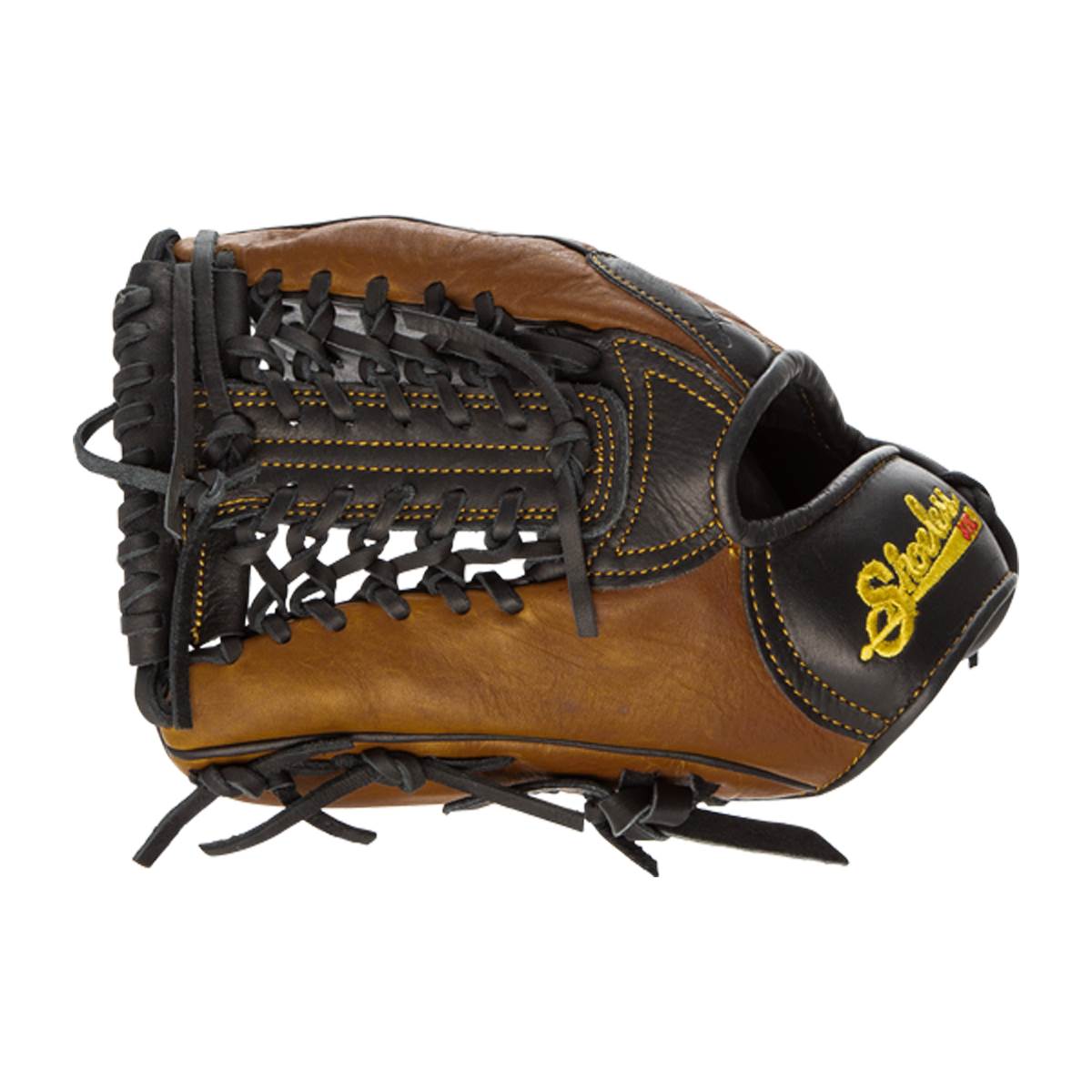 Side view of a brown and black baseball glove with yellow stitching and Shoeless logo.