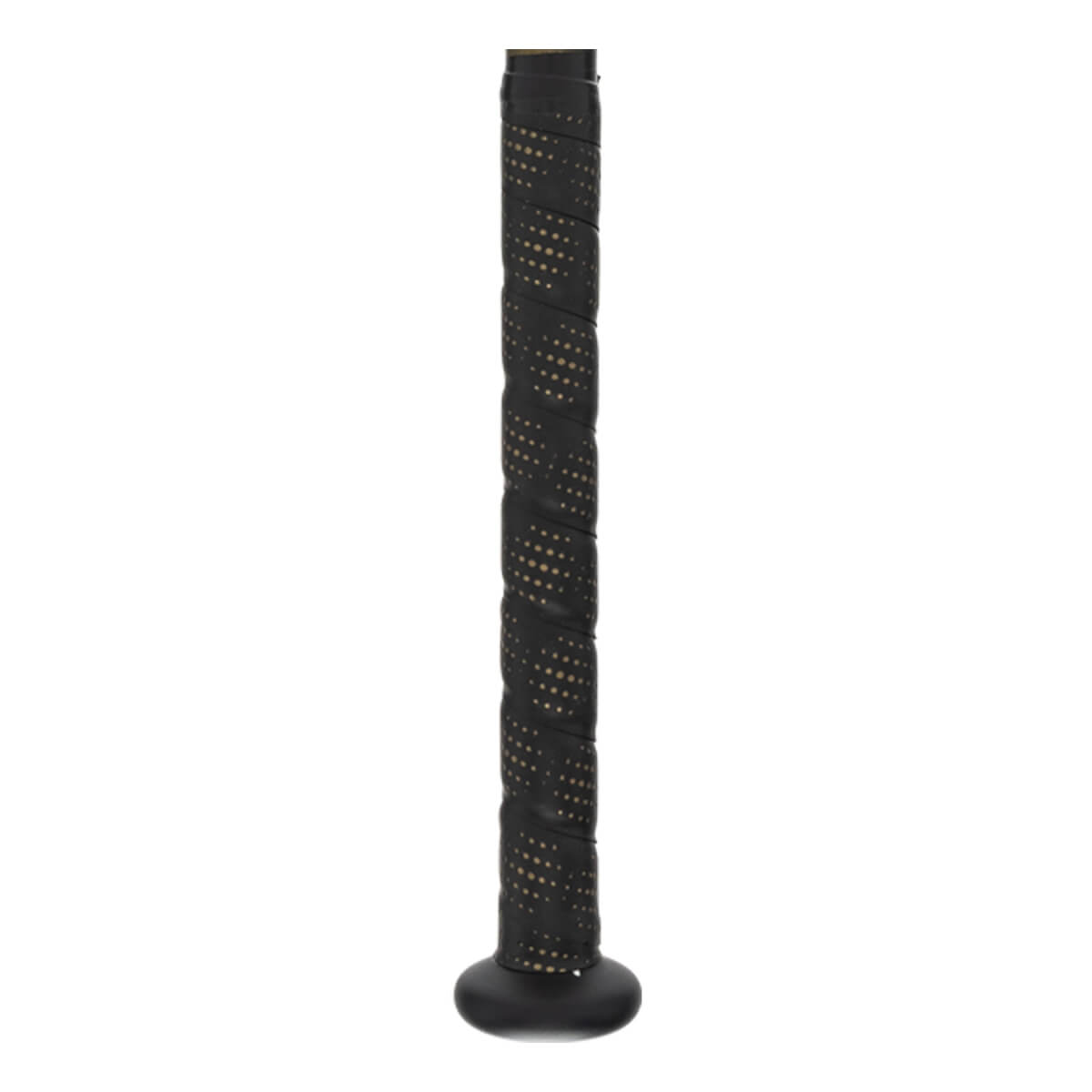 Close-up of a black baseball bat grip with a gold dotted pattern and a black knob.