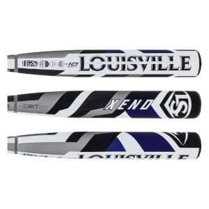 Three sections of a white, black, gray, and blue softball bat with LOUISVILLE and XENO branding and striped design.