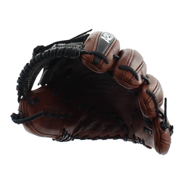 Side view of a brown baseball glove with black lacing and A2K branding.