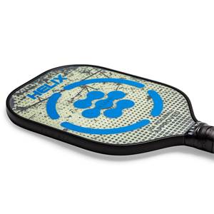 Top-down view of a black pickleball paddle with blue helix design and USA PICKLEBALL APPROVED text.