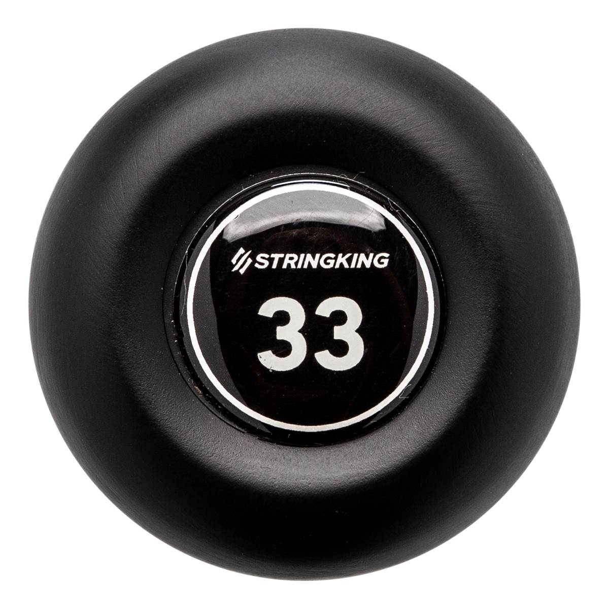 End cap view of a black baseball bat with STRINGKING and 33 visible.