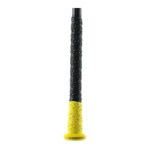 Close-up of a black and yellow baseball bat grip with diamond pattern and textured surface.