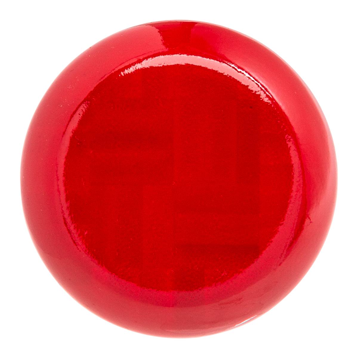 Top-down view of a red training bat end with a glossy finish.