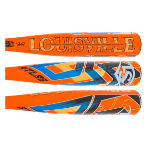 Three views of an orange Louisville Slugger baseball bat with blue and yellow geometric designs.