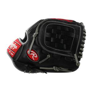 Side view of a black baseball glove with red Rawlings logo and Est. 1887 text.