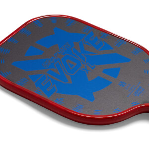 Top-down view of a red pickleball paddle with a gray surface and blue EVOKE graphic.