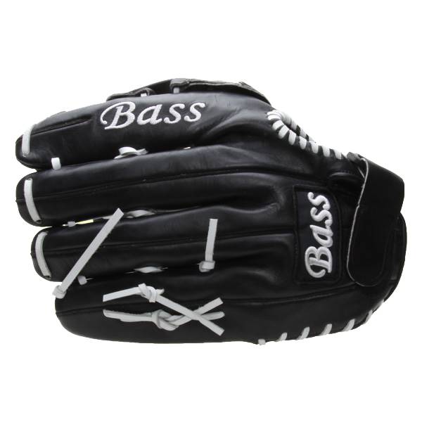 Top-down view of a black baseball glove with white stitching and Bass branding.
