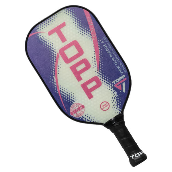 Top-down view of a white pickleball paddle with pink TOPP text, purple abstract design, and black grip.