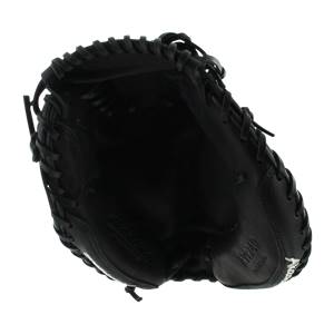 Top-down view of a black catchers mitt with APP240 and Akadema branding.