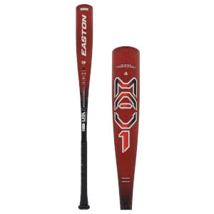 Side view of a red-to-black baseball bat with Easton branding and a separate close-up of the MAV1 barrel logo.