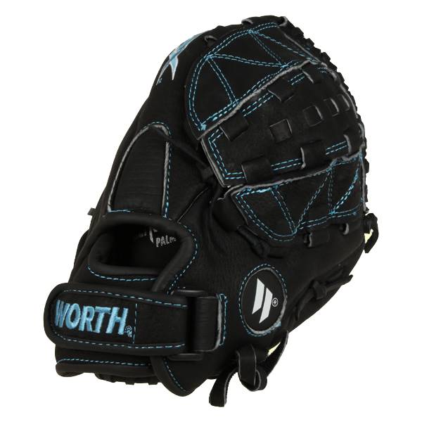 Front view of a black youth fastpitch glove with blue stitching, WORTH logo, and a circular logo.