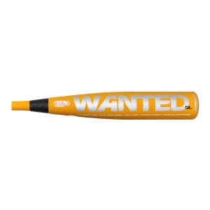 Side view of a yellow baseball bat with WANTED in large silver letters and SL and BAT text.