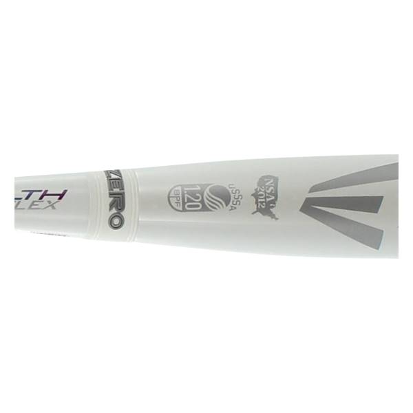 Close-up of a white softball bat with ZERO and 1.20 BPF USSSA NSA 2012 markings.