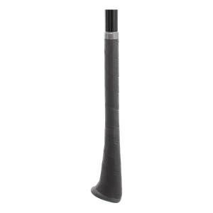 Close-up of a black softball bat grip with silver band and black knob.