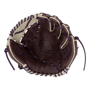 Front view of a brown softball glove with white and purple lacing and Classic Fastpitch Mizuno embossed on the palm.