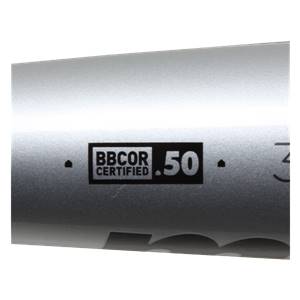Close-up of a silver baseball bat with a black BBCOR CERTIFIED .50 logo.