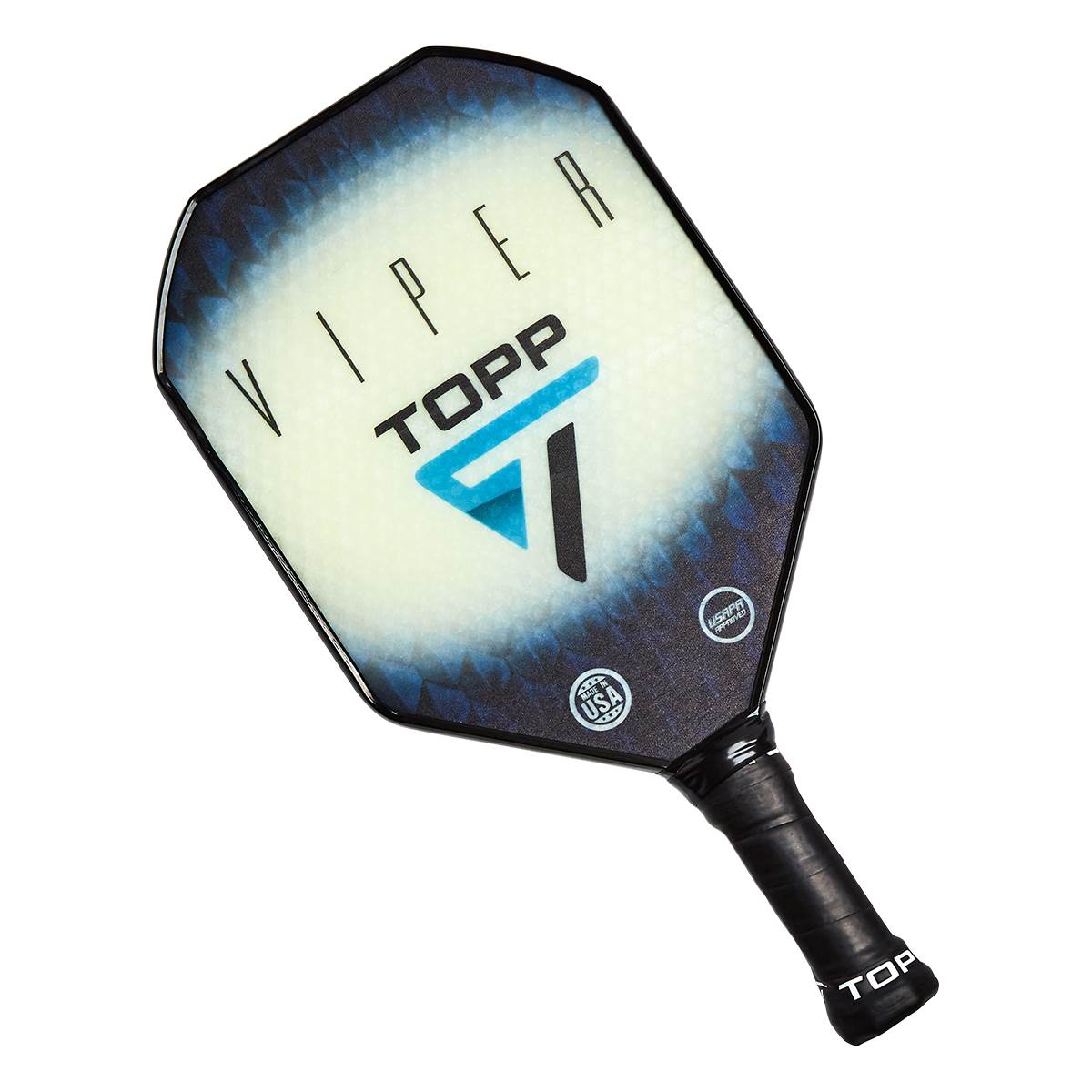 Top-down view of a black and white pickleball paddle with VIPER and TOPP text, a blue logo, and USA pickleball certification.