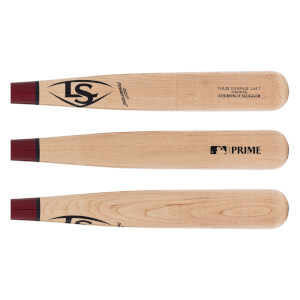 Multiple side views of a natural wood baseball bat with a dark red handle end, LS logo, and PRIME branding.