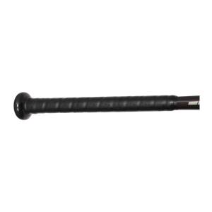 Side view of a black baseball bat with a textured grip and red and white accents.